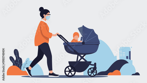 Woman wearing a face mask and protective shield walking with a baby in a stroller in an outdoor urban setting during pandemic.