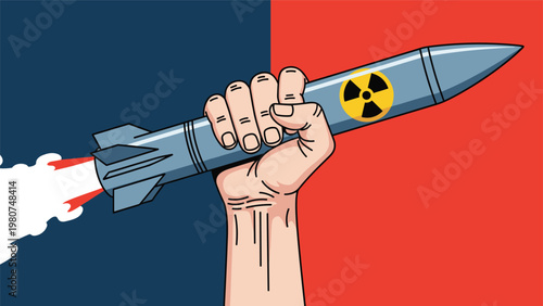 Powerful hand gripping a nuclear missile against a split blue and red background representing war and global conflict tensions.