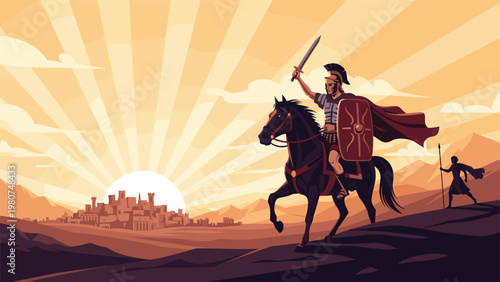 Courageous Roman general riding a black horse and raising his sword toward a sunlit ancient city in the desert at dawn.