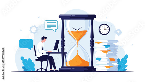 Businessman working intently at his computer desk with a giant hourglass and large stacks of papers representing time management.
