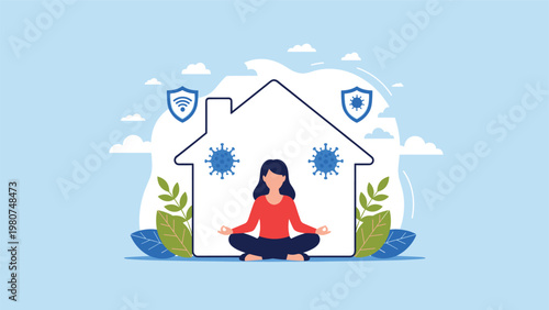 Peaceful woman sitting in a lotus meditation pose inside a house silhouette with protective shields against virus icons.
