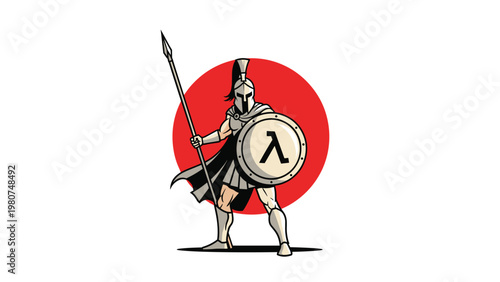 Brave Spartan warrior in silver armor holding a long spear and a round shield with the lambda symbol against a red sun.