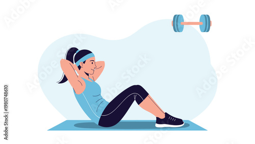 Athletic young woman performing sit ups on a blue yoga mat with a floating dumbbell icon in a light colored background.