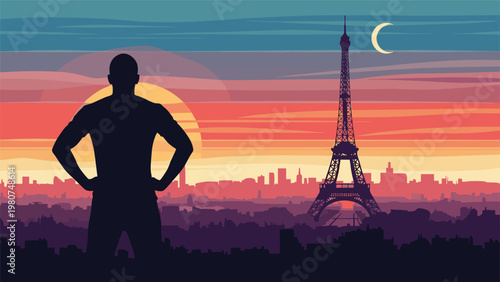 Silhouette of person looking at the sunset over the city of Paris with the Eiffel Tower standing tall in the distance.