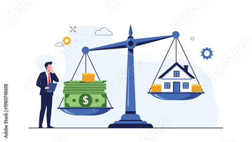 Thoughtful businessman weighing a large stack of cash against a house on a blue scale to decide on a real estate purchase.