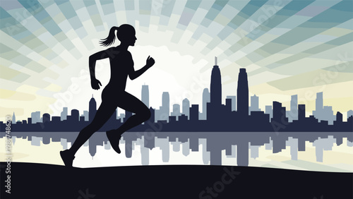 Sporty woman running along a city waterfront during a beautiful sunrise with high buildings reflected in the calm water.