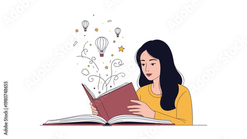 Creative woman reading a magical book as hot air balloons and stars float out of the pages in an imaginative scene.