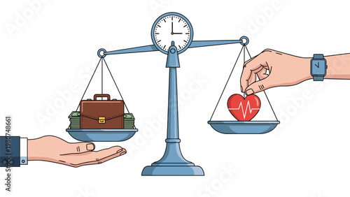 Businessman balancing a briefcase full of money and a healthy heart icon on a blue scale to show work life balance.