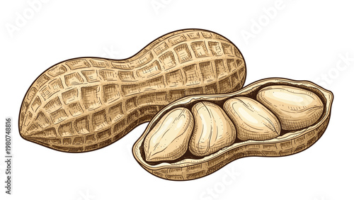 Detailed drawing of a whole peanut shell next to an open shell revealing three nuts inside over a white background.