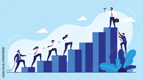 Group of corporate employees helping each other climb up a bar graph staircase towards success and business growth.