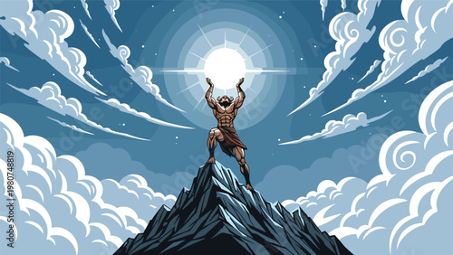 Powerful mythical man lifting a bright sun above his head while standing on a high mountain peak above the clouds.