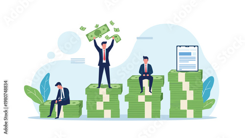 Successful businessmen standing on high stacks of money while a less successful man sits sadly on a smaller pile.