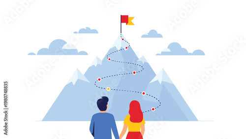 Couple standing at the base of a snowy mountain range following a path towards a flag at the highest snowy peak.
