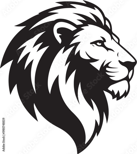 Black and white lion head with long mane animal