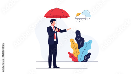 Professional businessman holding a red umbrella to protect himself from falling rain in a conceptual safety scene.