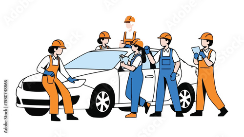 Automotive Team Inspection: A team of skilled technicians meticulously inspects and maintains a sleek vehicle, ensuring it's in top condition