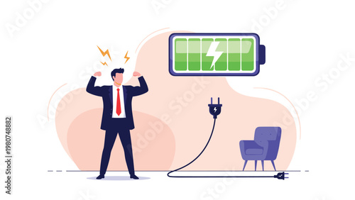 Strong businessman flexing his muscles next to a giant green battery icon to represent high energy levels at work.