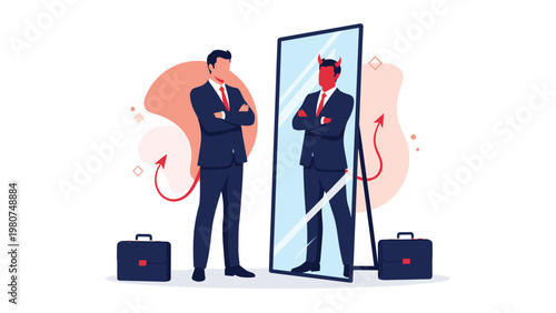 Business professional looking into a mirror and seeing a devil reflection with horns and a tail staring back at him.