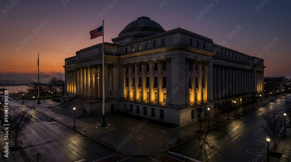 Fototapeta premium Government building with American flag at dusk