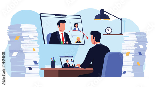 Overworked man on a video conference call at his desk surrounded by massive stacks of paper in a busy office space.