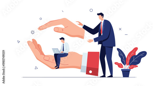 Giant hands providing protection and support for a small businessman working on his laptop in a caring environment.