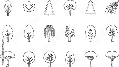 Collection of Diverse Tree Icons and Illustrations.