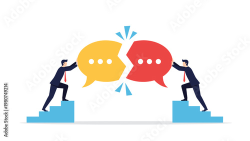 Two professional businessmen on stairs pushing two pieces of a broken speech bubble together to repair broken communication.