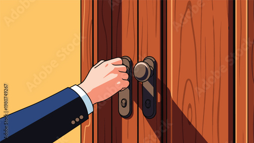 Close up of a businessman hand reaching for a brass door knob on a wooden door to open it and enter a room or office.