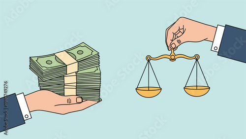 Businessman hand holding a large stack of cash while another hand holds a set of scales representing balance and corruption.