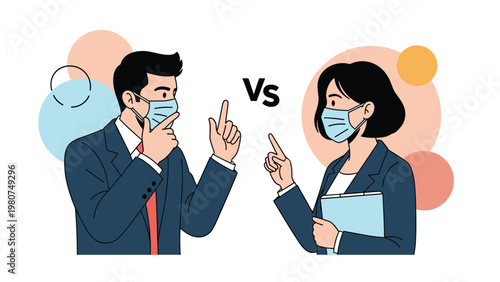 Professional man and woman wearing face masks arguing or debating with pointing fingers in a versus competition concept.
