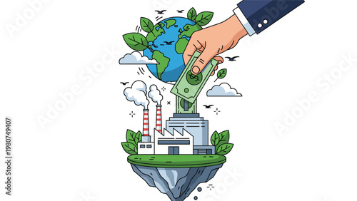 Large hand putting a dollar bill into a factory building sitting on a green floating island as a metaphor for investment.