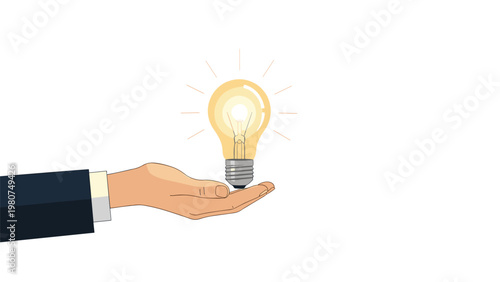 Businessman hand holding a glowing yellow lightbulb against a white background representing a new creative idea or solution.