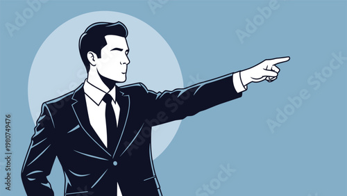 Confident businessman in a sharp black suit pointing his finger to the side towards a goal or direction for the team.