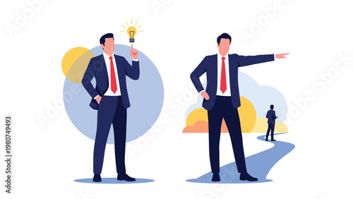 Two professional businessmen, one with a glowing idea above his head and the other pointing toward the path to success.