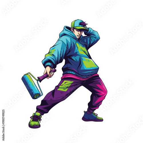 Energetic Urban Artist Character Illustration with Paint Roller in Stylish Streetwear, Capturing the Vibrant Spirit of Youth Culture and Dynamic Street Art Expression