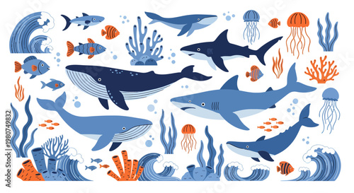 Focus on the collection of marine life in an illustrative style.