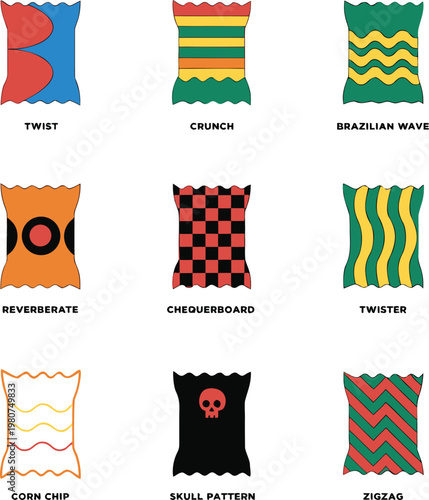 A colorful illustration of various snack bag designs on a white background