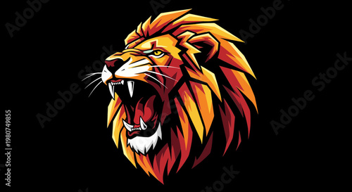 Roaring lion head with a vibrant, stylized mane against a black background
