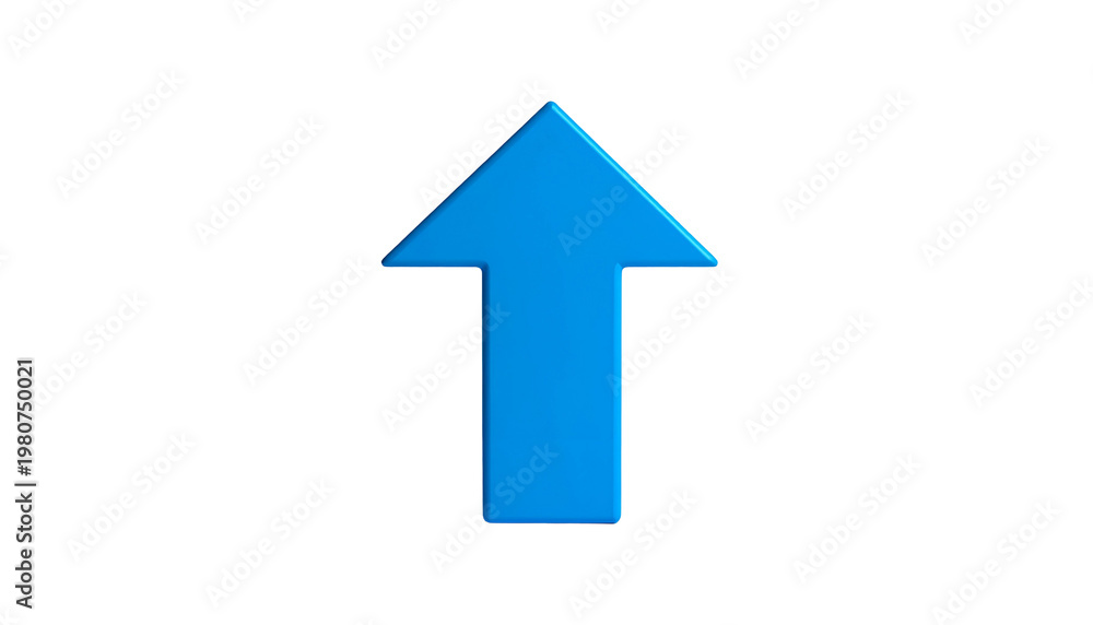 Fototapeta premium A vibrant blue, three-dimensional arrow points directly upwards against a stark, black background. It appears to be made of glass or a similar shiny material