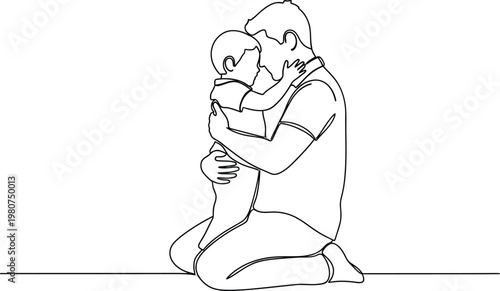 Touching happy father's day vector icon sketch of father and child embrace