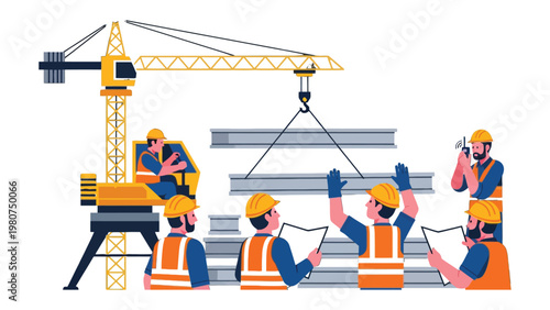 Construction Crew at Work: A team of dedicated construction workers diligently collaborate on a modern building project. With the backdrop of a towering crane.