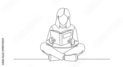 Woman sitting cross legged reading a book in a simple line art style on a plain background