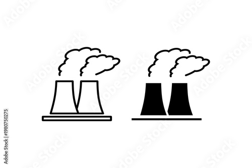 Icon set of nuclear power plants with cooling towers emitting smoke.
