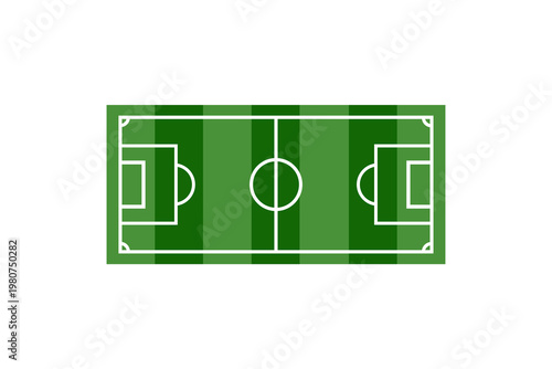 Top view of rectangular green soccer field with markings and goals.