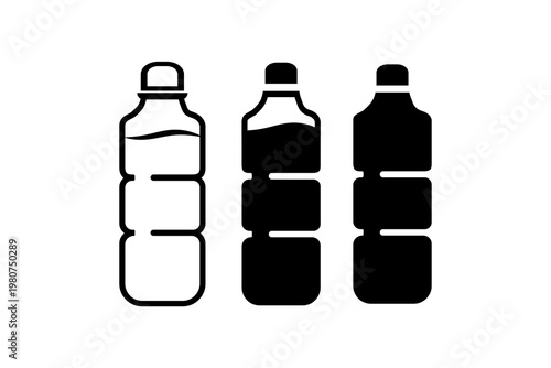 Black and white outline icons of plastic water bottles in various styles.