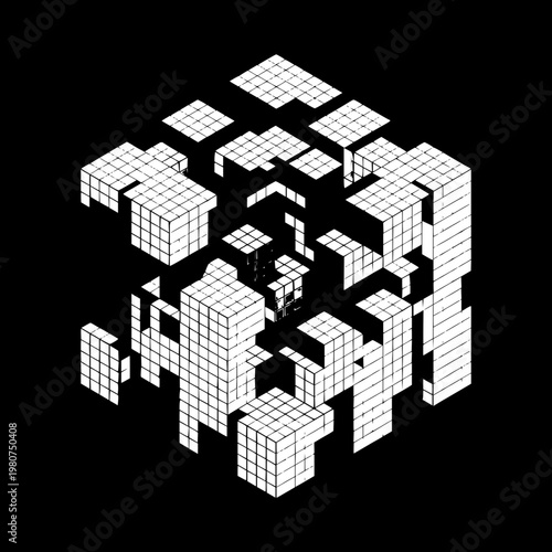 White 3D cube grid isometric blocks on black background geometric shapes architecture