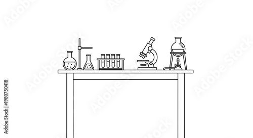 Laboratory equipment on a table including microscope and test tubes in a science lab setting with various glassware