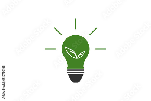 Green light bulb with leaf design symbolizing eco-friendly energy.