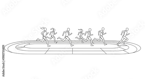 Minimalist line art illustration of people running on a track in a competitive sprint