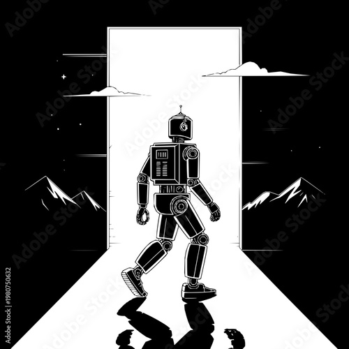 Robot walking through doorway to mountains black and white illustration vector